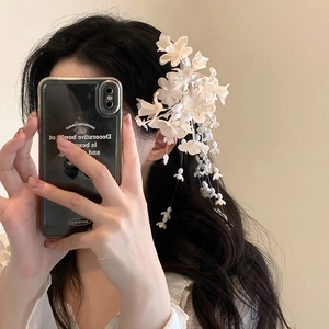Elegant white lily of the valley hair clip with long tassel fringe for women