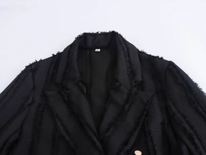 Detail of a black double-breasted blazer showing the raw edge design and S size label