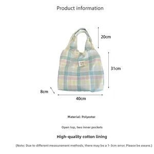 Detailed dimension guide for blue and yellow plaid tote bag showing 40x31cm size