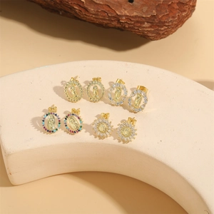 Virgin Mary Stud Earrings 14K Gold Plated Copper With Zircon Religious Vintage Style Jewelry For Women