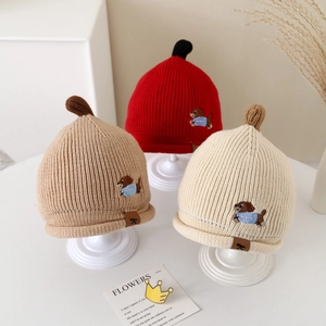 Bonnet d'Hiver en Tricot pour Bébé Broderie Chien Chaud et Doux Calotte Thermique pour Tout-petits 1-3 Ans