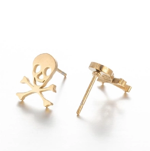 Matte gold skull and crossbones stud earrings in punk style shown on white background