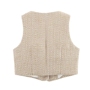 Back view of a beige tweed vest with gold threads showing detailed woven texture and cut