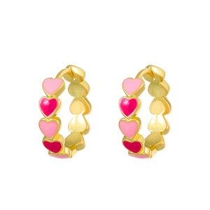 Golden heart drop oil hoop earrings with pink and red enamel patterns for women