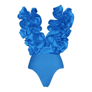 Detail of bright blue V-neck swimsuit featuring elegant layered ruffle trim and satin finish