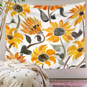 Detail view of sunflower tapestry hanging over bed with watercolor floral patterns