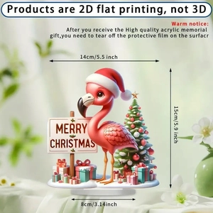 Detailed view of 2D acrylic flamingo Christmas stand with dimensions and clear printing
