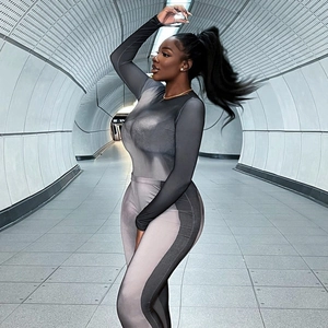 Detail of gray gradient slim fit two-piece set with long sleeves and high waist pants