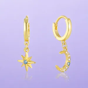 Asymmetric Hoop Earrings 18K Gold Plated Copper Blue White Cubic Zirconia Star Moon Vintage Fashion Jewelry For Women