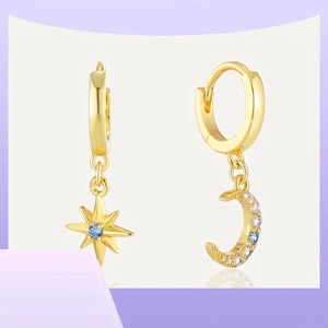 Asymmetric Hoop Earrings 18K Gold Plated Copper Blue White Cubic Zirconia Star Moon Vintage Fashion Jewelry For Women