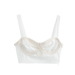 Débardeur Court Sexy Blanc Femme Bustier Tissu Polyester Avec Décoration De Corde Tissée Fermeture Éclair Latérale Style Doux