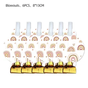 Detailed view of 6-piece rainbow party blowouts with shiny gold metallic foil and colorful patterns