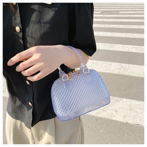 Close-up of blue transparent PVC jelly shell bag with gold hardware held by a model