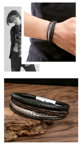 Detail of multi-layer woven leather bracelet with stainless steel magnetic clasp