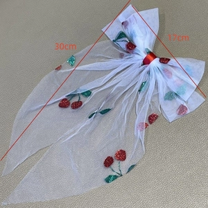 White mesh bow hair clip with cherry sequin patterns for elegant women hair accessories