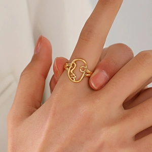 Abstract Face Ring Stainless Steel 18K Gold Plated Hollow Geometric Line Adjustable Open Ring Women Hip Hop Finger Jewelry