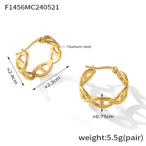 Detail view of 18k gold plated stainless steel oval hollow hoop earrings with dimensions