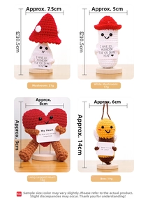Detailed views of handmade crochet figures including mushroom, heart and bee dolls with stands
