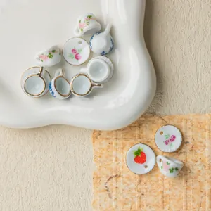 Miniature ceramic tea set beads with strawberry and floral patterns for jewelry making