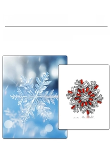 Detailed macro view of a silver snowflake brooch with red gems and white zircon inlay