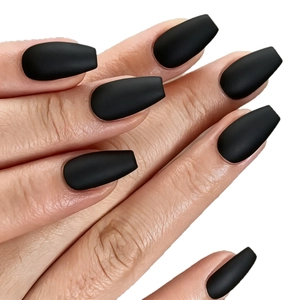 Matte black coffin ballerina press-on nails with minimalist pure color finish for women