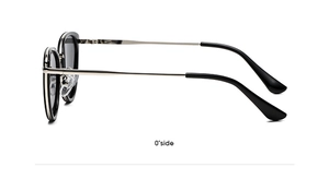 Side view detail of cat-eye frames with silver metal temples and black finish