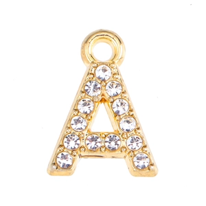 Close-up of gold capital letter A pendant with sparkling rhinestones for DIY jewelry
