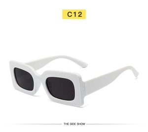 Side view of C12 retro white square frame sunglasses with black lenses and wide legs