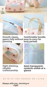 Detail of floral PVC toiletry bag with zipper, handle, and transparent design for travel