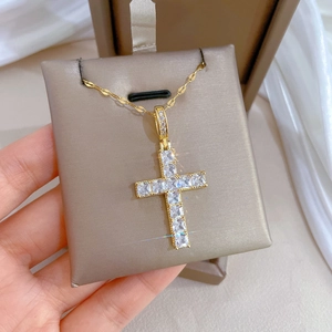 Luxurious gold stainless steel chain necklace with sparkling zircon cross pendant
