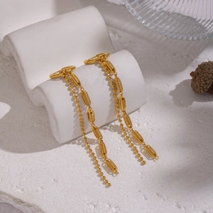 Golden geometric oval tassel drop earrings in stainless steel with textured bead chains