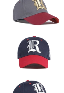 Detail view of cotton baseball caps featuring 3D embroidered R and contrast visors