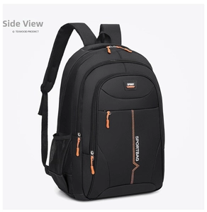 Side view of multi-layer black nylon backpack with orange zippers and sport lettering
