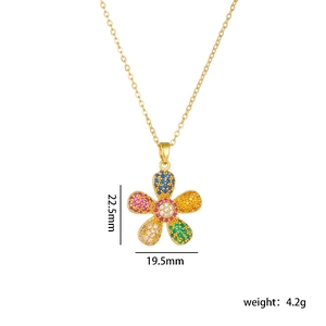 Gold sunflower necklace for women with multi-colored zircon stones measuring 22.5mm by 19.5mm