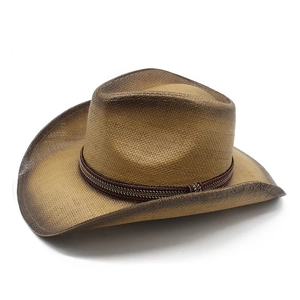 Detailed macro view of woven straw texture and gradient brown finish on cowboy hat brim