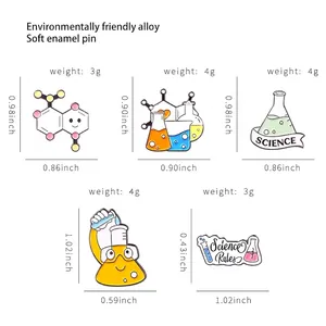 Science enamel pins set including molecular and flask designs with size specifications