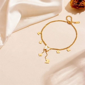 Double-layer golden stainless steel butterfly anklet with white shell inlay pendant