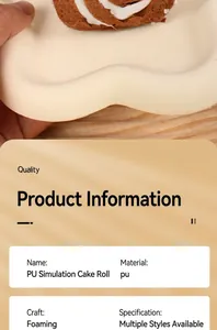 Detailed view of brown PU foam chocolate cake roll with realistic cream texture on tray