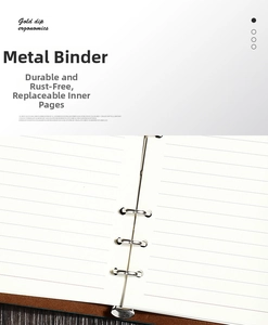 Detail of silver stainless steel metal binder rings on a brown leather travel journal