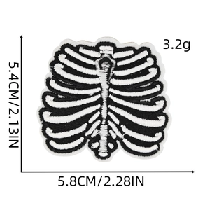 Detail of human rib cage embroidered patch with precise black and white stitching and dimensions