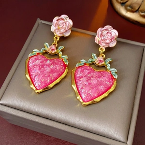 Vintage gold and pink heart flower earrings with 3D rose and textured wave border