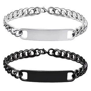 Silver and black stainless steel Cuban link ID bracelets with blank rectangular plates