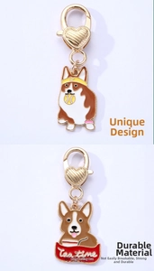 Detail of enamel Corgi pendants with heart lobster clasps and Tea Time text