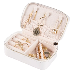 Portable white mini jewelry box with velvet lining and compartments for ring storage