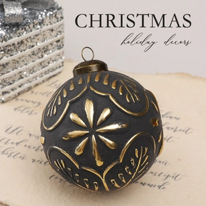 Set of 8cm black matte Christmas ball ornaments with gold embossed leaf patterns