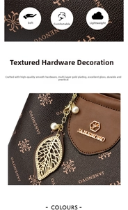 Detail of the soft monogrammed leather texture and golden leaf pearl charm on this handbag