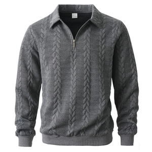 Men's grey cable knit quarter zip sweatshirt with a polo collar in a casual outdoor style