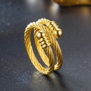 Fashionable golden twisted steel wire open ring with beaded ends for men and women