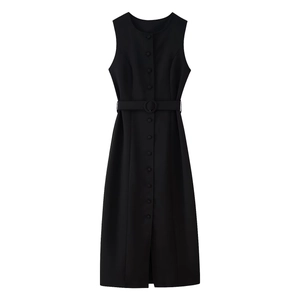 Detail view of black sleeveless dress with button-down front and matching waist belt