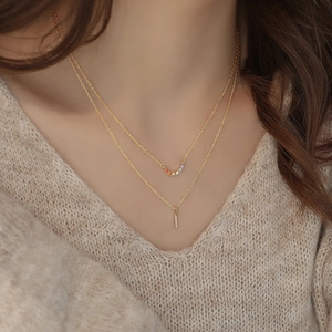S925 silver double-layer necklace with colorful curved gems and a long bar pendant